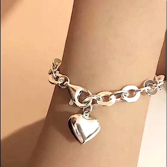 NEW STERLING SILVER HEART CHARM CHAIN LINK BRACELET - Picture 3 of 5